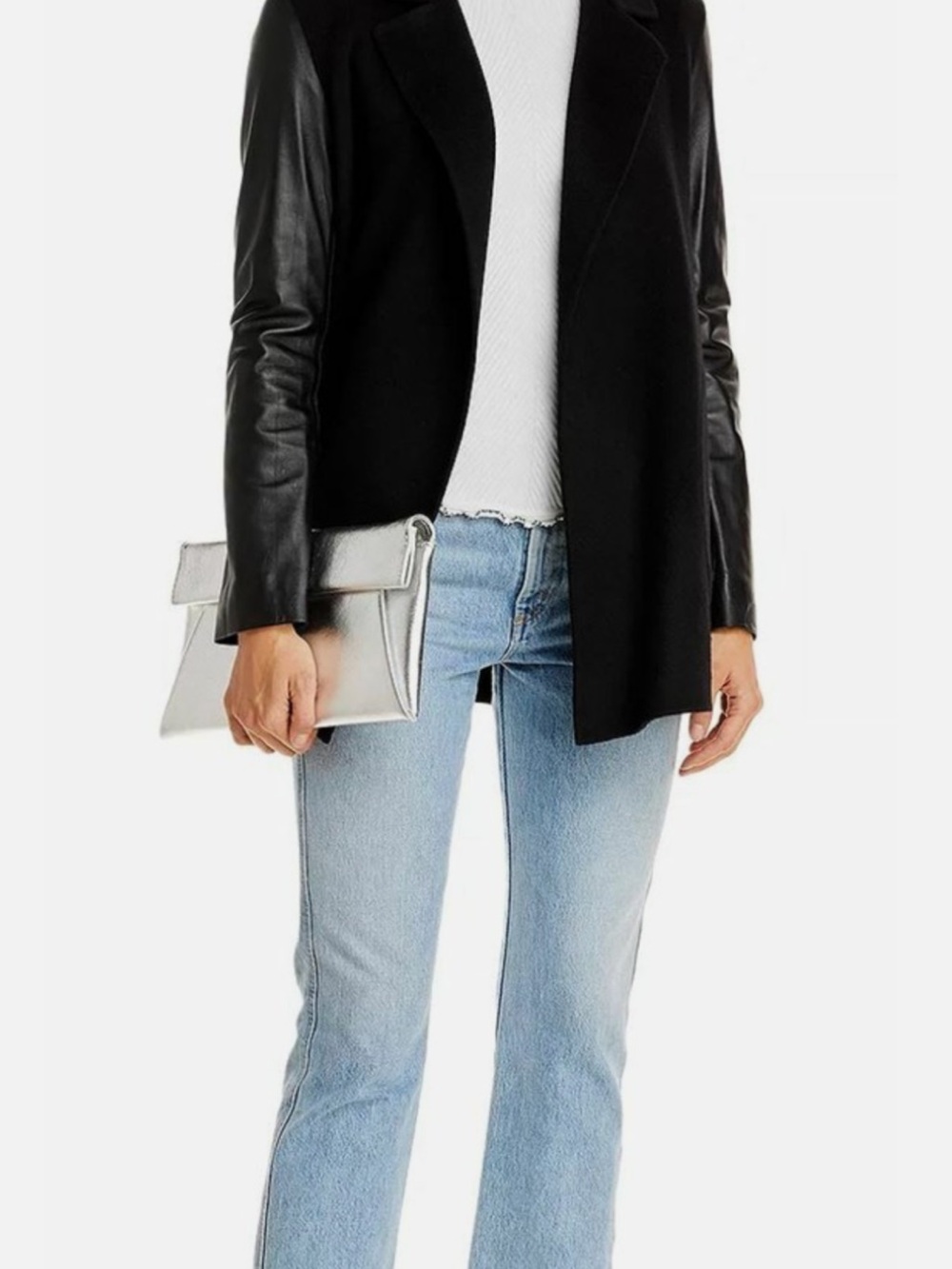 Theory Black Wool-Blend Coat with Leather Sleeves - Women's Jacket